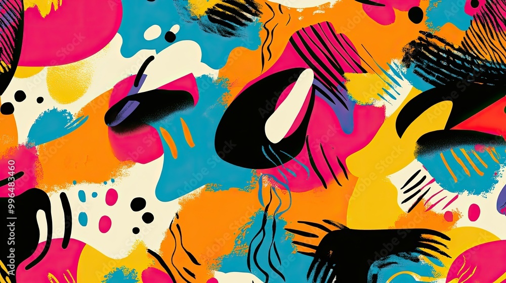 Poster vibrant abstract pattern with bold lines and splashes of color, dynamic and playful design.