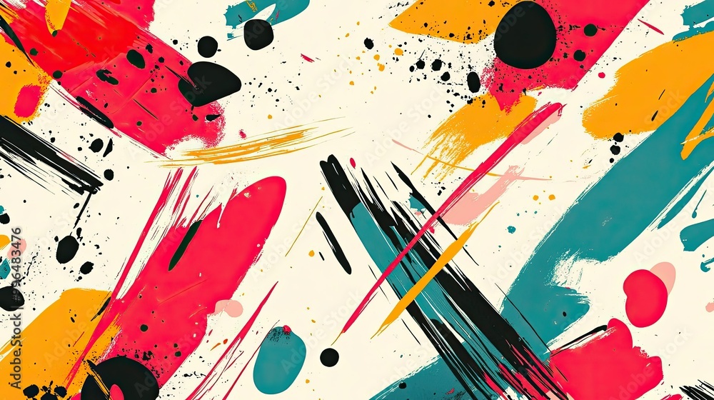 Poster vibrant abstract pattern with bold lines and splashes of color, dynamic and playful design.