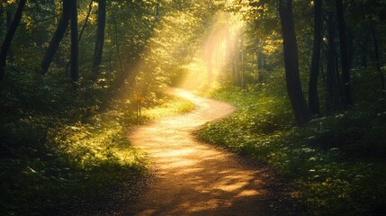 A winding trail through a lush forest lit by sunlight filtering through the trees symbolizes hope and direction with signposts suggesting different loan forgiveness options