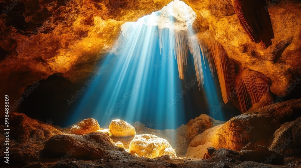 Aufkleber mysterious cave featuring an opening in the ceiling where sunlight streams in from above