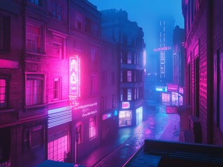 Neon-lit alley in the cityscape at night with vibrant pink and blue lights illuminating the urban street in the fog.