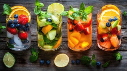 Colorful fruit cocktails rich in vitamins for a detox presented on a fresh wooden background