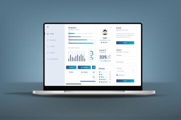 User interface of an analysis panel on a laptop. UX UI design. Dashboard usability laptop on electronic devices. Charts and tables for efficient data management and monitoring.