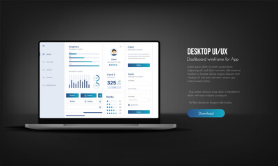 User interface of an analysis panel on a laptop. UX UI design. Dashboard usability laptop on electronic devices. Charts and tables for efficient data management and monitoring.