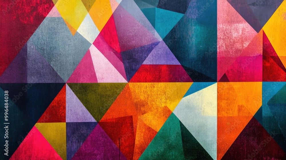 Poster vibrant geometric abstract pattern with colorful triangles and shapes, perfect for a bold and dynami
