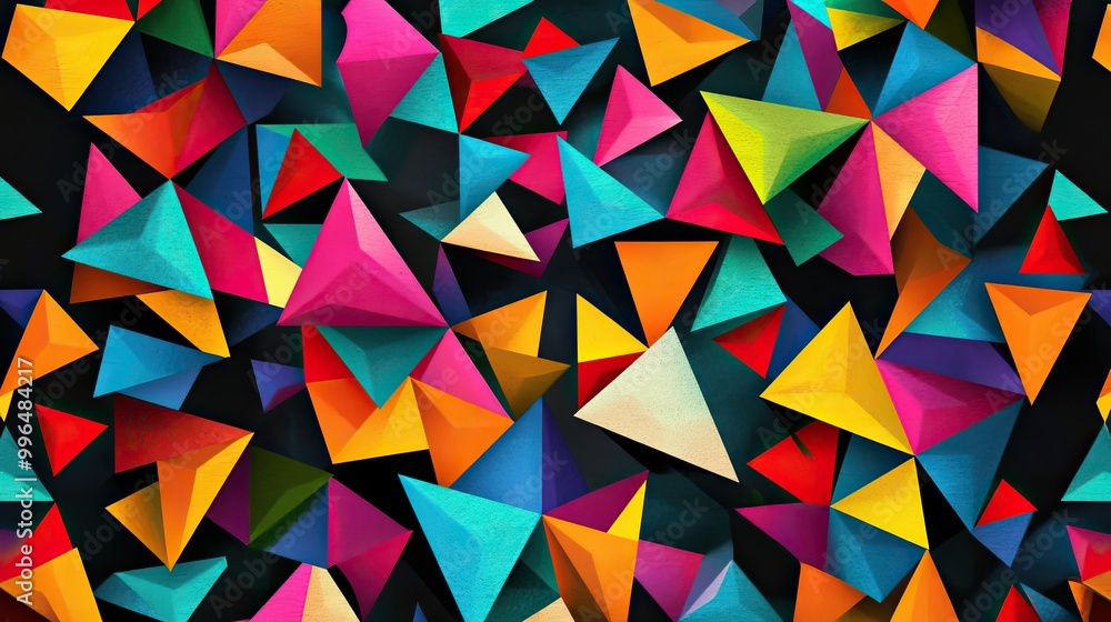 Poster vibrant geometric abstract pattern with colorful triangles and shapes, creating a dynamic and modern
