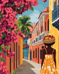 Minimalist Colorful Illustration of Cartagena’s Old Town with Afro-Colombian Woman

