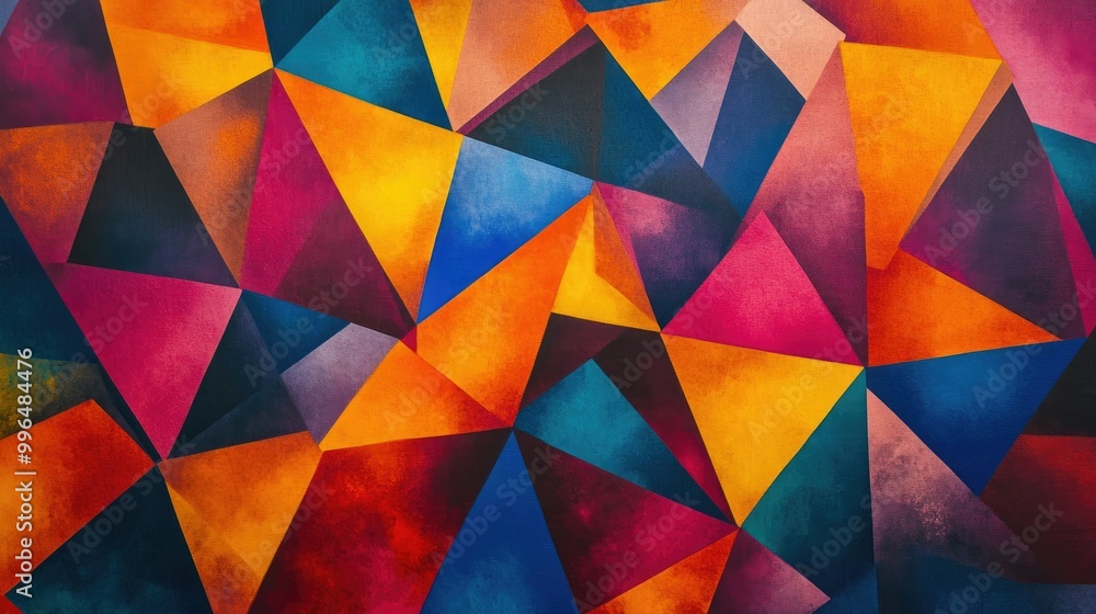 Poster vibrant geometric abstract pattern with colorful triangles and shapes, creating a dynamic and modern