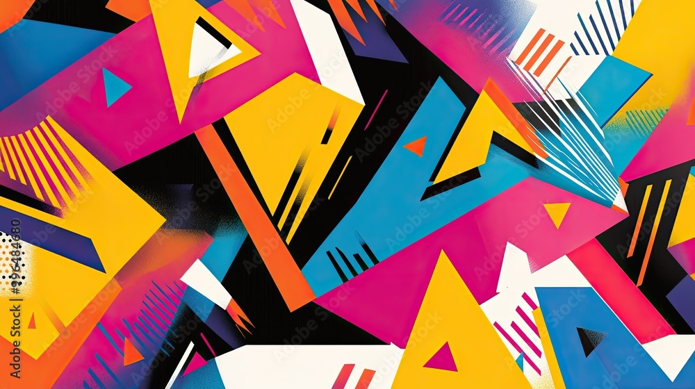 Poster vibrant geometric abstract pattern with sharp angles and bright colors.