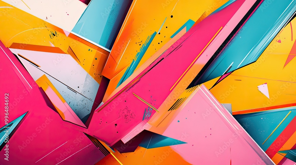 Poster vibrant geometric abstract pattern with sharp angles and bright colors.