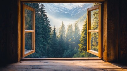 Scenic nature landscape visible through a window