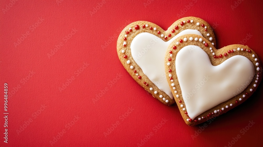 Poster two heart shaped cookies adorned with icing and glaze set against a red background featuring ample c