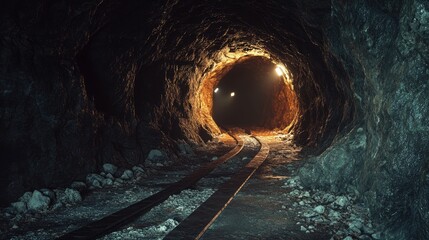 Abandoned underground tunnel featuring dark passages with rocky terrain and minimal lighting A depiction of a subterranean cave exploring themes of industry and mining