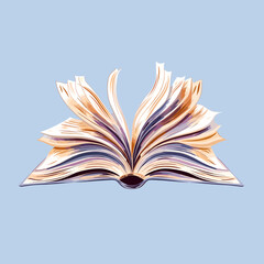Open book illustration with flowing pages on a soft blue background