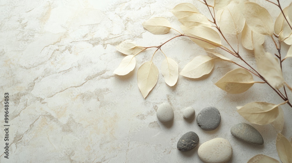 Poster botanical twig background delicate leaves and pebbles on a light surface with room for text