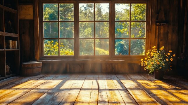 Fototapeta Sunlight filters through rustic wooden windows onto a wooden floor creating a cozy cabin atmosphere A concept of tranquility and a nature retreat