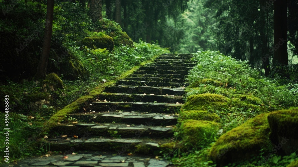 Poster a weathered cobbled path and staircase covered with moss and grass nestled within a lush forest park