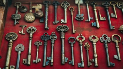 Obraz premium A display of intricate antique keys showcased at a vintage fair symbolizing historical significance and intrigue