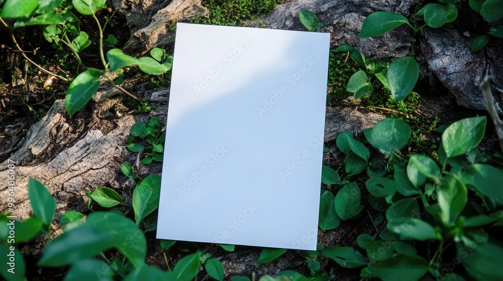 Poster blank white paper on a natural backdrop ideal for adding text or visuals in the empty space