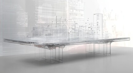 A stunning artistic interpretation of data visualizations captured in a crystal clear table design, blending functionality and aesthetics in a modern urban setting during twilight hours