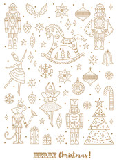 Nutcracker. Cute line gold Christmas vector card. 