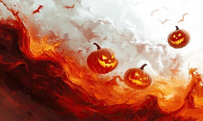 This Halloween-themed artwork features glowing jack-o'-lanterns floating above fiery orange and red waves, with a bat soaring in the background, creating a spooky, dramatic, and dynamic atmosphere.