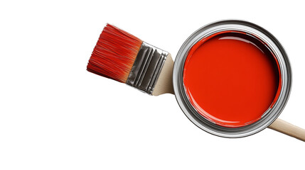 Top view lay flat paint brush laying on paint can on white background