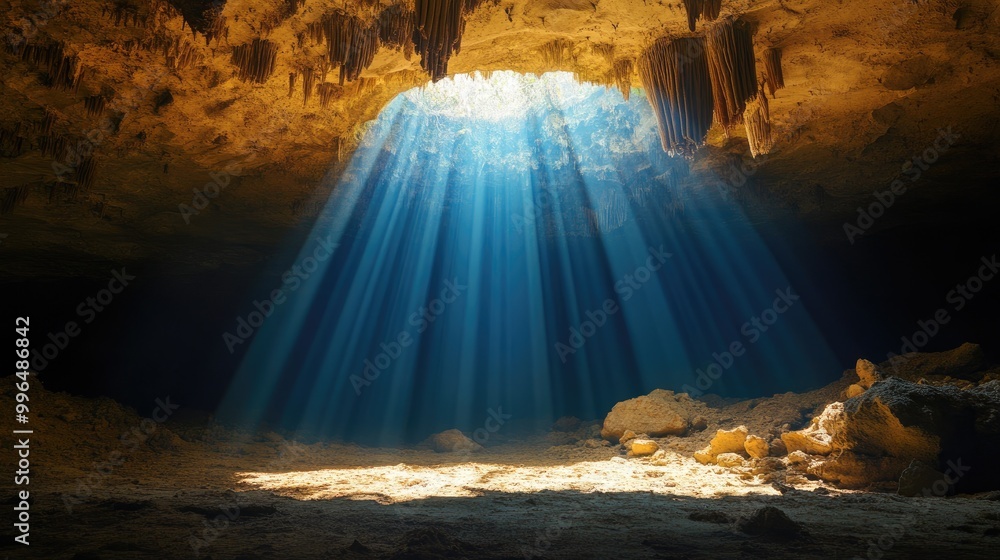 Aufkleber mysterious cave featuring an opening in the ceiling where sunlight streams in from above