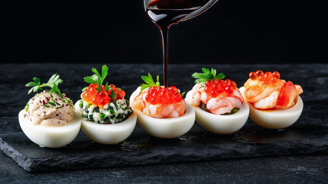 Devided egg flight with gourmet topping like shrimp, herbs, and caviar, drizzled with balsamic glaze on dark background. Gourmet appetizer, trendy meal concept.