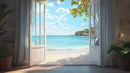 Room with an open door overlooking a sandy beach and serene seascape a perfect vacation idea