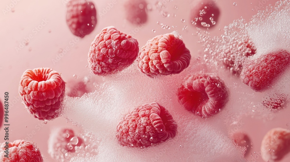 Poster fresh raw red raspberries burst and scatter against a pink backdrop with steam and smoke creating a 