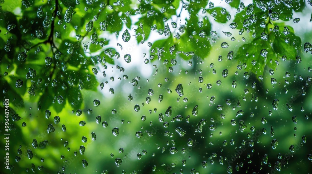 Poster raindrops on a windowpane with a lush tree visible in the background
