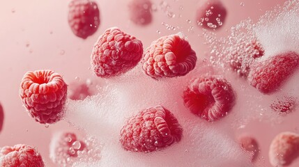 Fresh raw red raspberries burst and scatter against a pink backdrop with steam and smoke creating a dynamic scene showcasing food levitation techniques