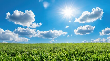 Obraz premium Lush green landscape with freshly cut grass under a blue sky adorned with clouds An ideal lawn captured on a bright sunny day