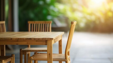 Obraz premium Dining area featuring bamboo table with handcrafted chairs, sunlight streaming in, and greenery, eco-friendly atmosphere