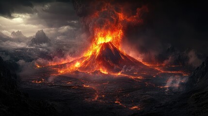 Erupting volcano surrounded by a dark landscape