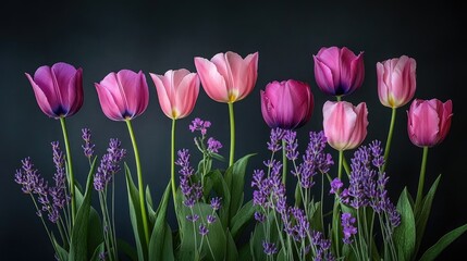 Fototapeta premium Vibrant pink and purple tulips alongside delicate lavender flowers set against a dark backdrop