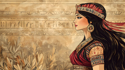 Beautiful woman in the goddess ancient mesopotamia beauty style background, ai generated. Ancient Mesopotamia. Illustration