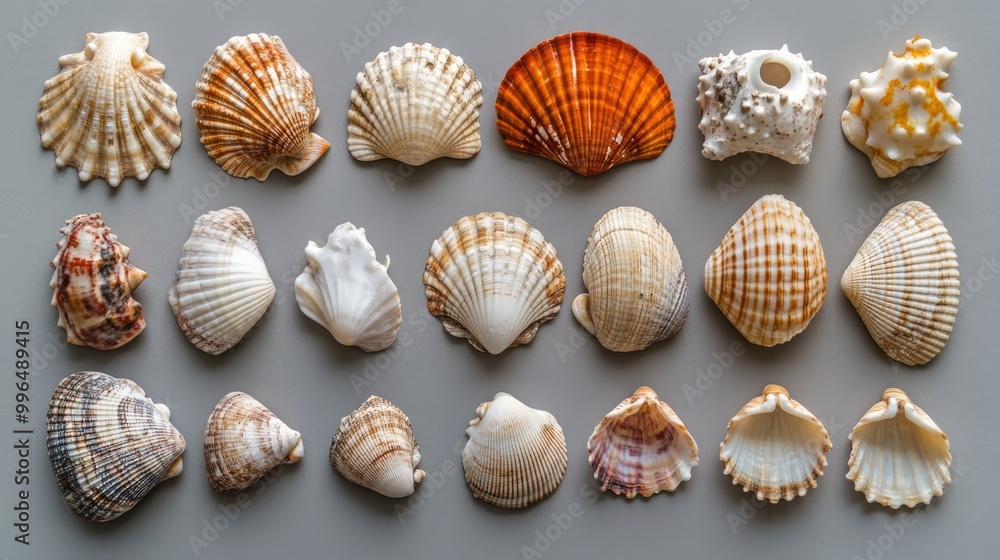 Poster assorted seashells arranged on a grey background