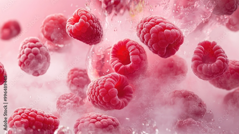 Poster fresh raw red raspberries burst and scatter against a pink backdrop with steam and smoke creating a 