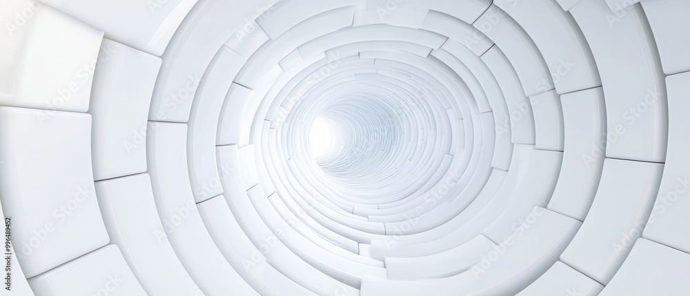 Poster abstract circular tunnel design with bright light in the center, white isolate background.