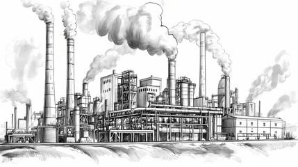 Fototapeta premium Black and white drawing of a factory, suitable for industrial concepts. Industrial Revolution. Illustration