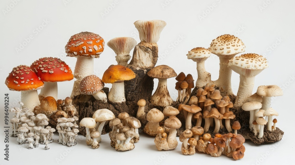 Poster an assortment of mushrooms displayed in different sizes and shapes