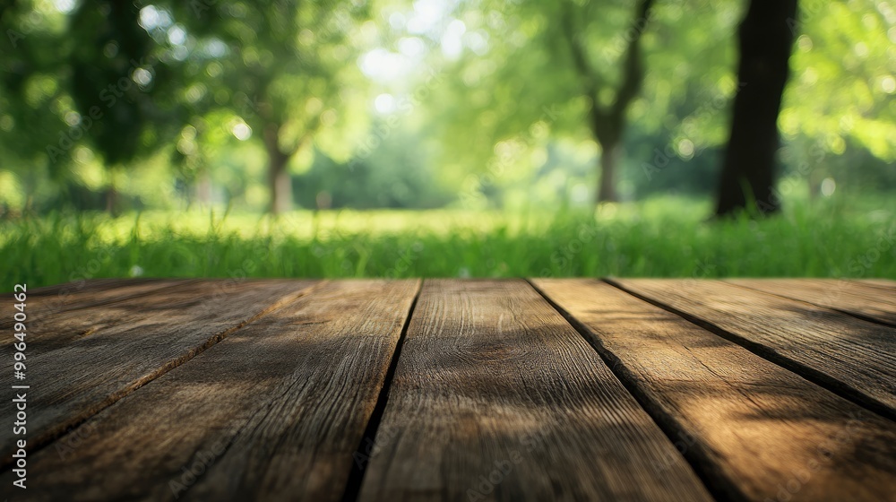 Poster brown wooden table with a blurred green nature backdrop of trees and grass featuring empty space for