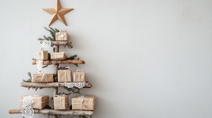 Sustainable Christmas tree crafted from fir branches topped with a wooden star and adorned with paper lace gifts promoting a zero waste holiday theme