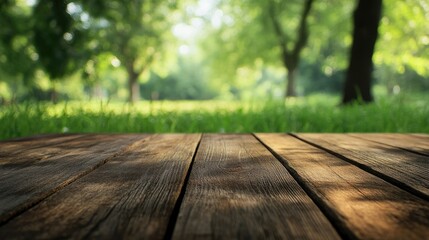Fototapeta premium Brown wooden table with a blurred green nature backdrop of trees and grass featuring empty space for product display mockup Ideal for fresh spring and natural product themes