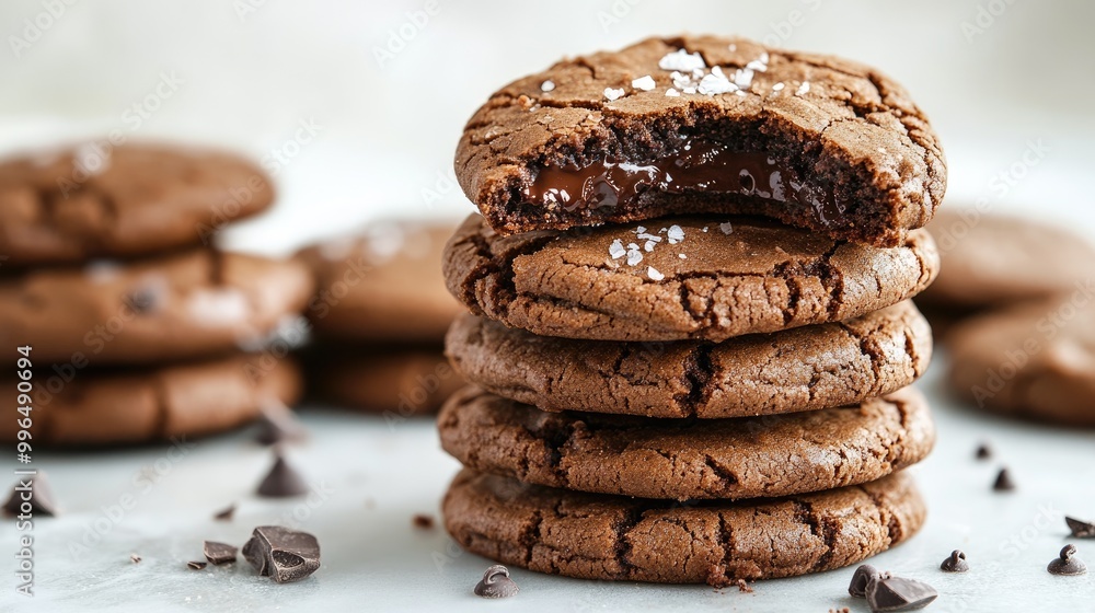 Poster a stack of chocolate cookies with a bite removed