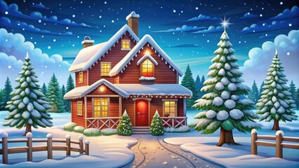 Fototapeta premium A cozy wooden cabin covered in snow, surrounded by festive trees under a starry night sky. Perfect for winter holiday themes.