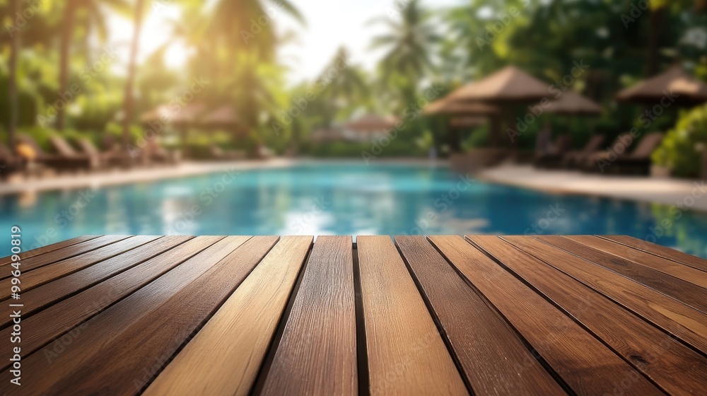 Poster empty wooden table for product display in front of a blurred resort pool setting