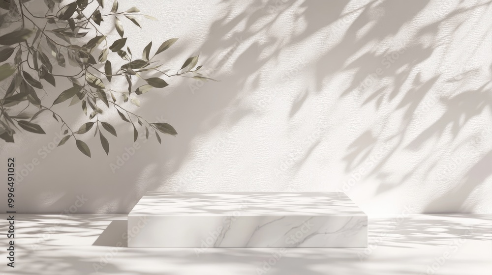 Poster white marble podium mockup for product display featuring natural tree branch leaves casting shadows 